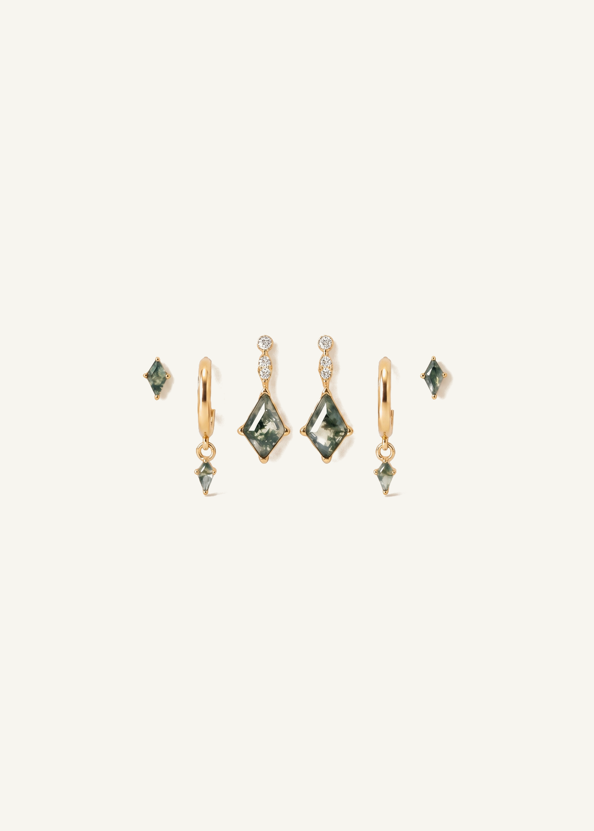 Moss Agate Ear Stack with Kite Studs & CZ — off-white background hero