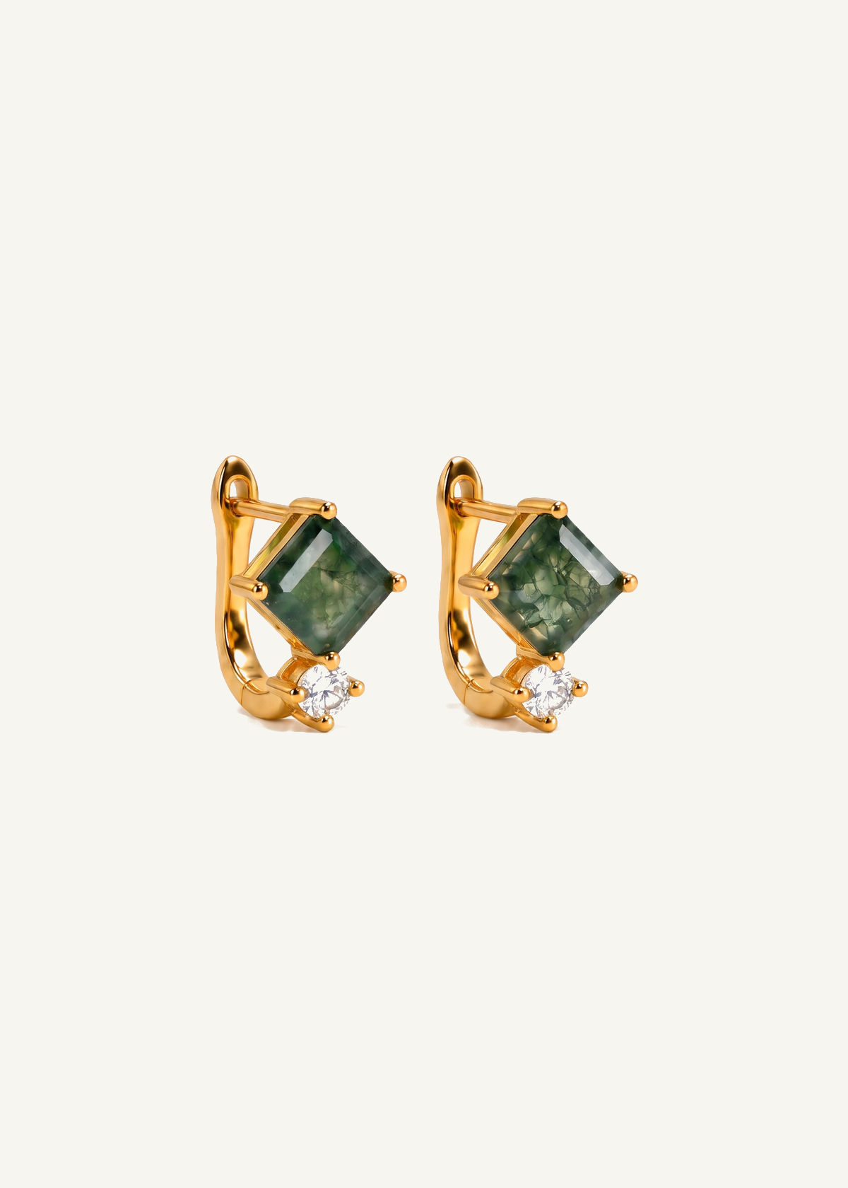 Moss Agate Square Huggies with CZ Stones — off-white background hero