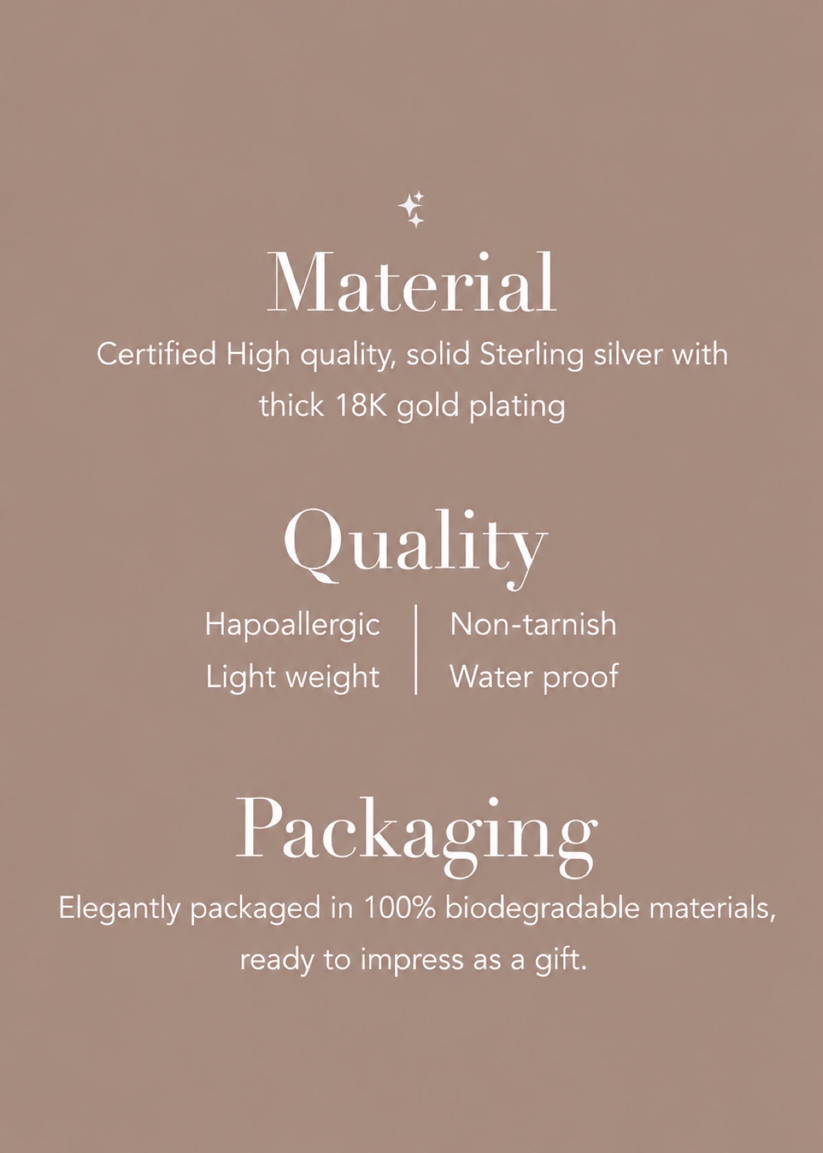Olive Leaf product information card about materials, care and packaging