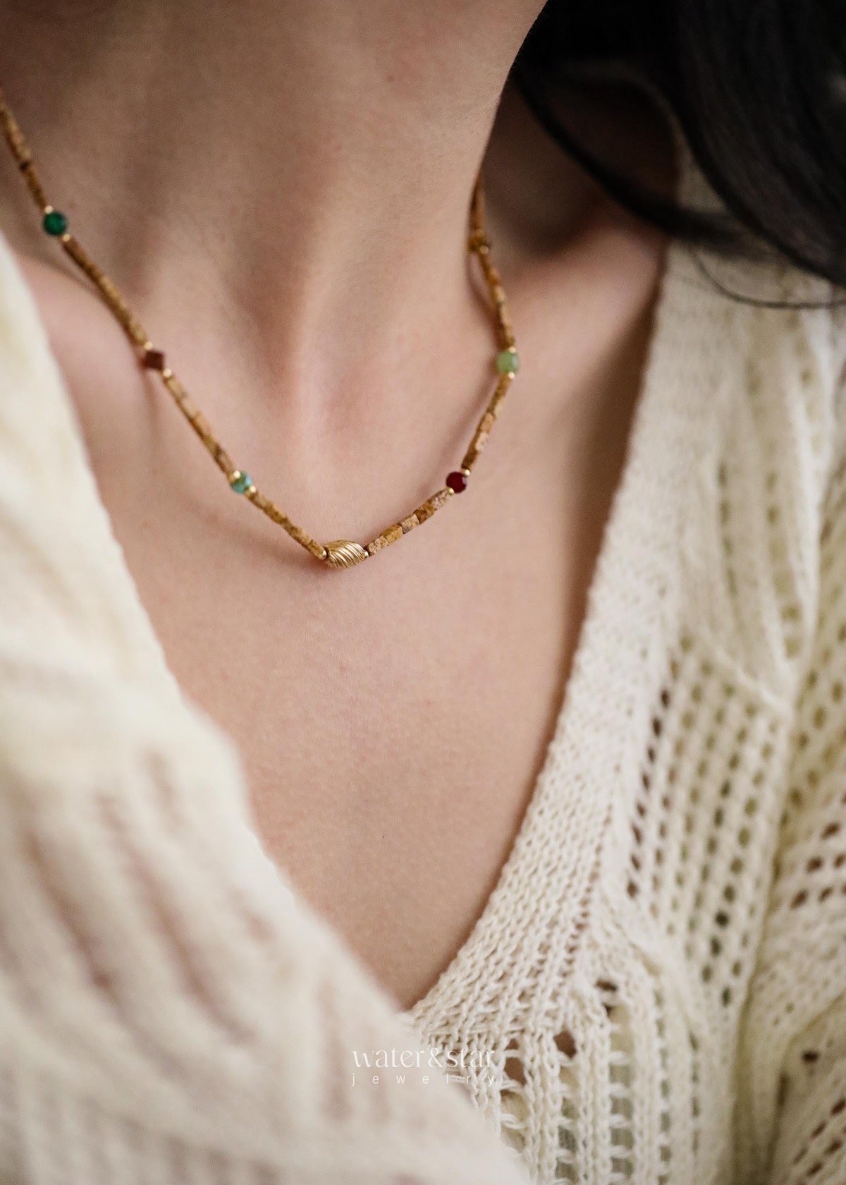Landscape jasper choker worn with a cream cardigan