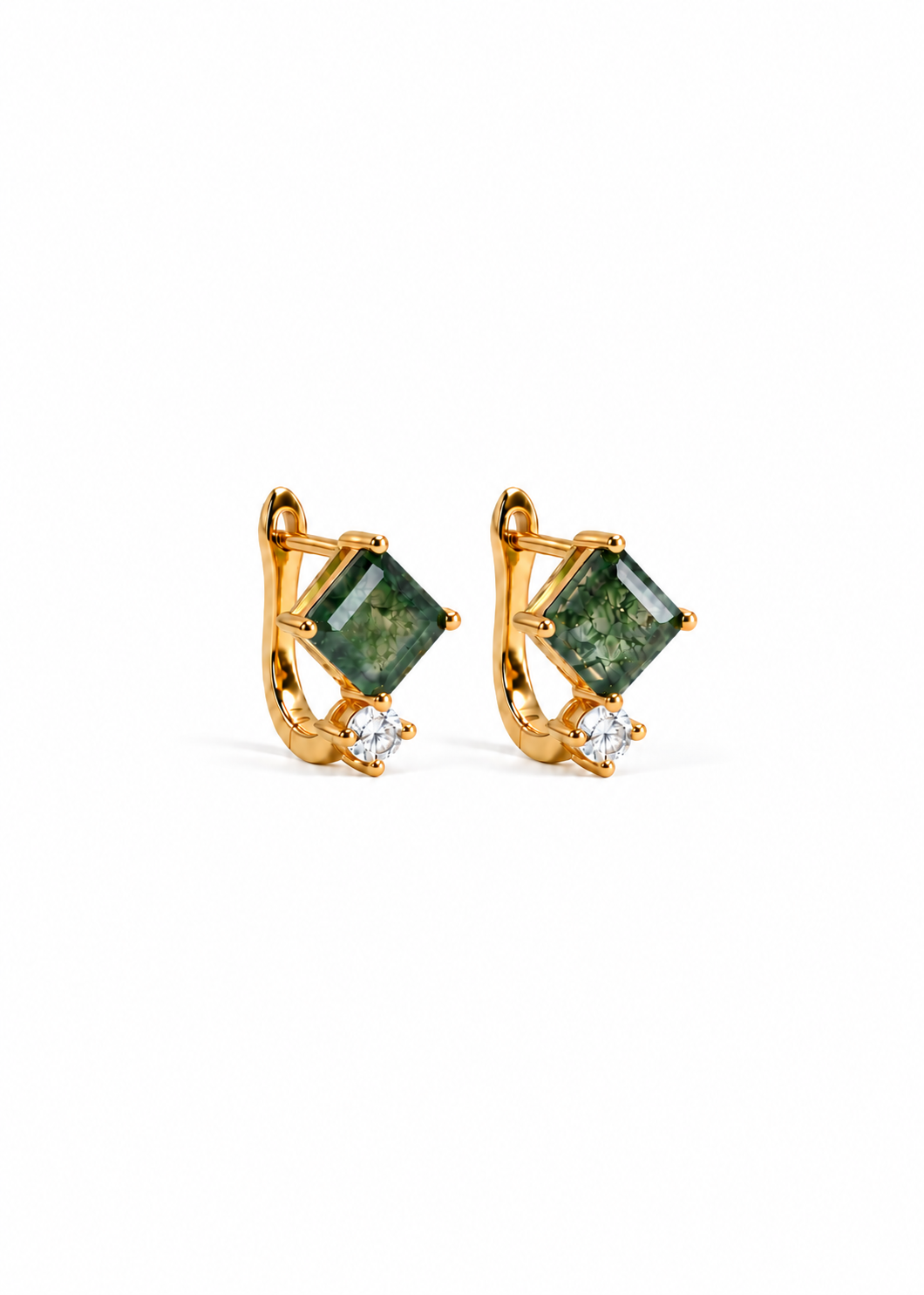 Moss Agate Square Huggies with CZ Stones — white background hero