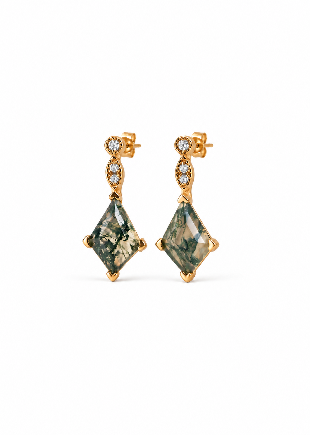 Moss Agate Hoop Earrings with CZ Stone Studs — white background hero
