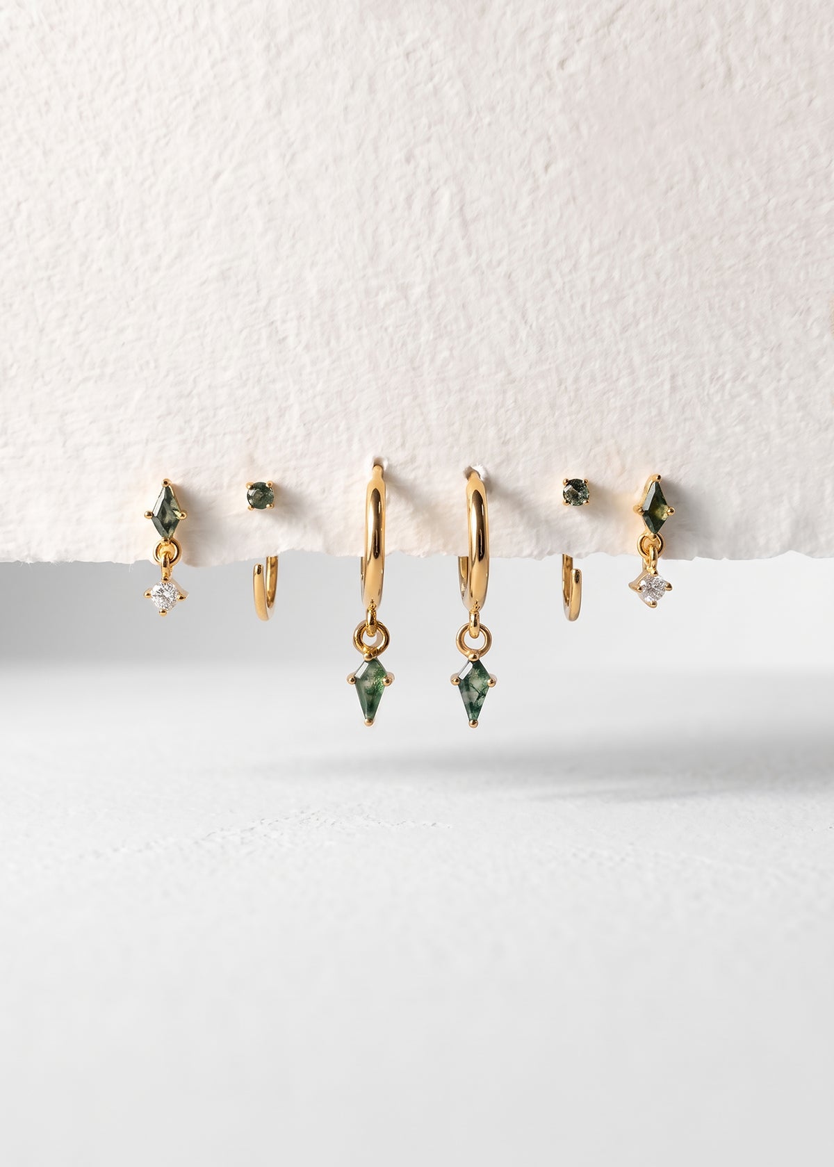 Moss Agate Earring Set, Gold Huggie Hoops, Flat Back Stud & CZ Diamond