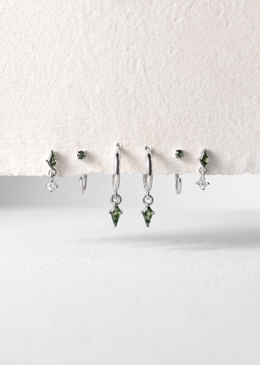 Moss Agate Ear Stack with Flat-Back Stud & CZ — silver finish hero