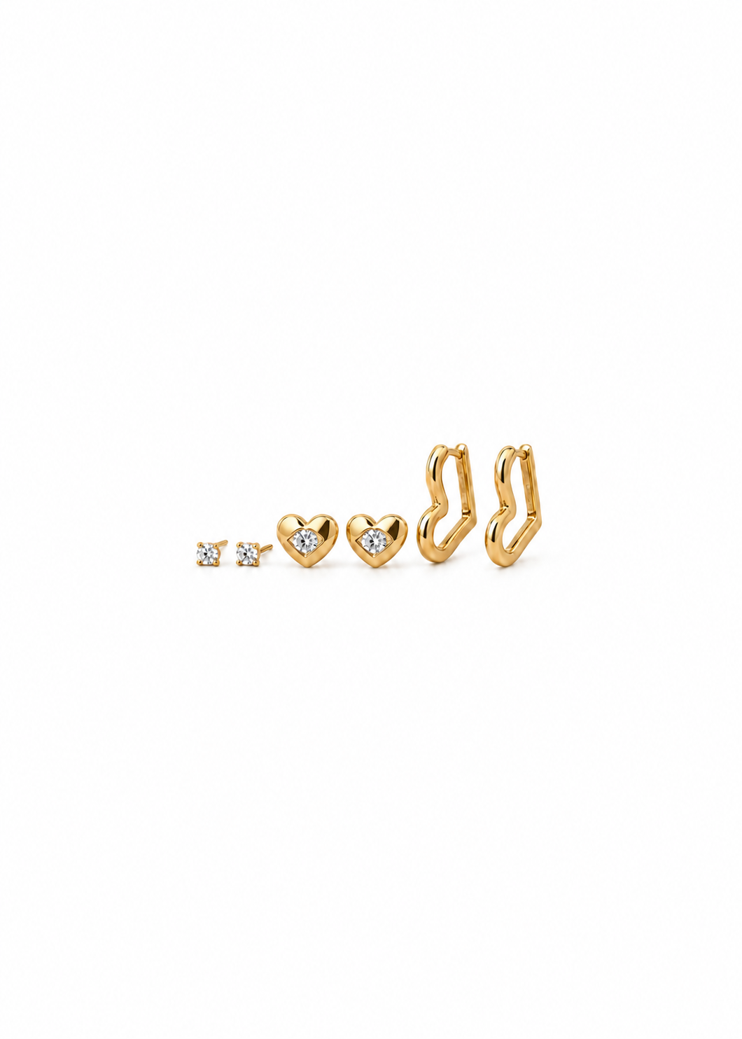 Gold Heart Earring Set with Huggie Hoop & CZ Heart Studs — white background hero