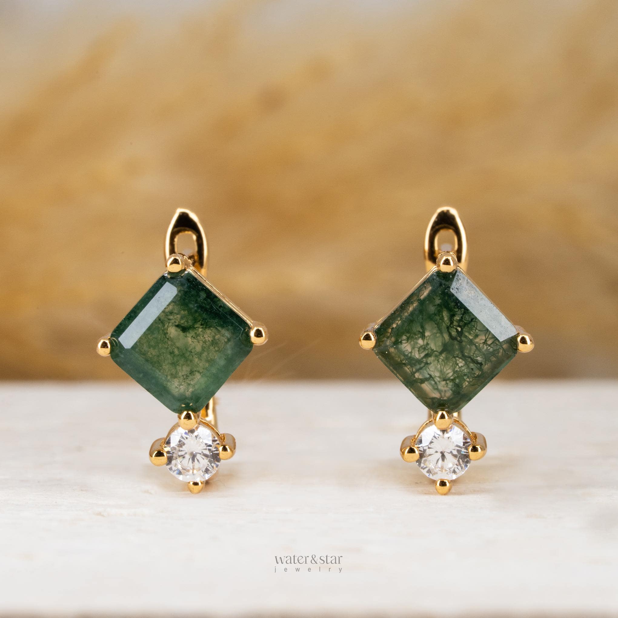 18K Gold Moss Agate Hoop Earrings: Square Huggies with CZ Diamond