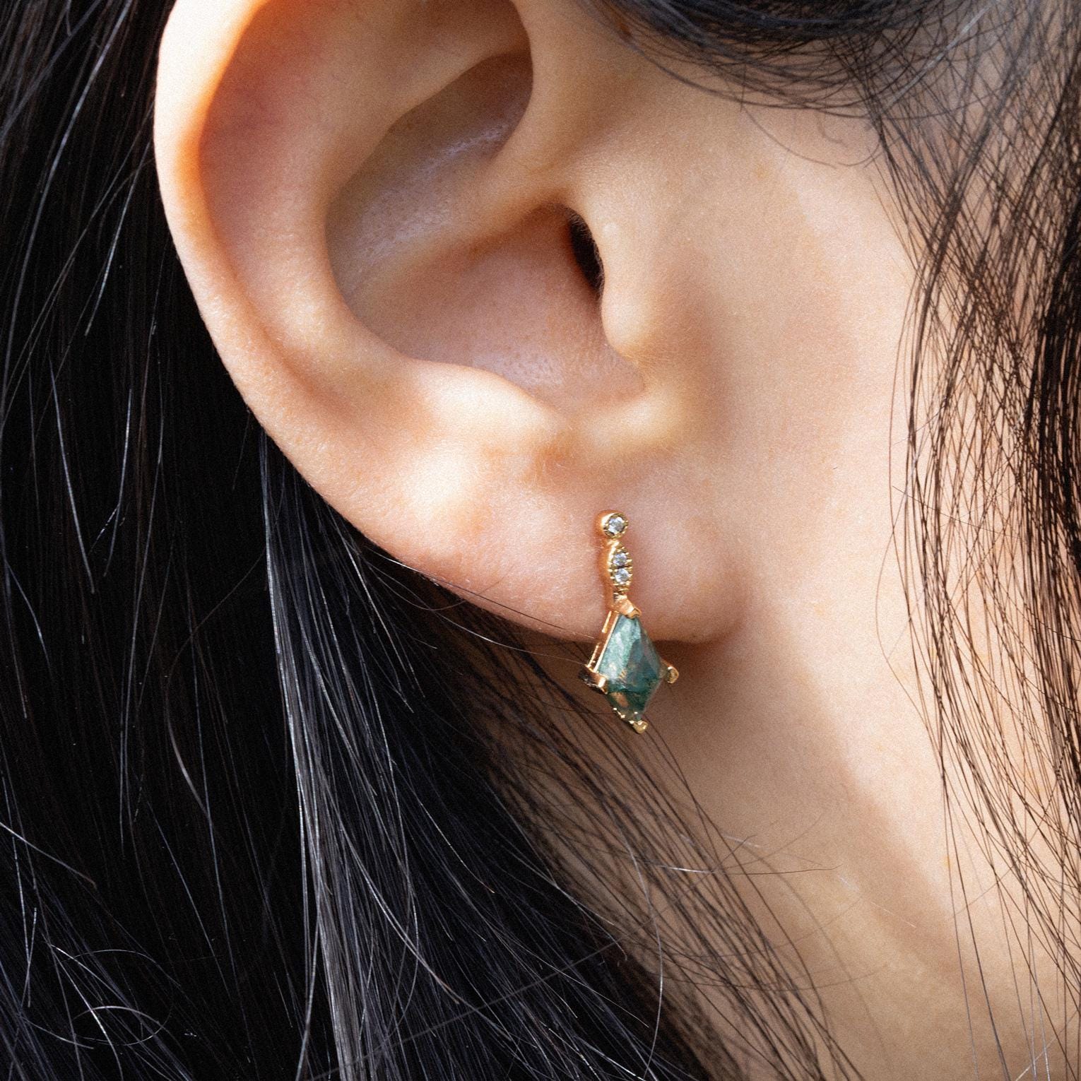 Moss Agate Hoop Earrings with CZ Stone Studs