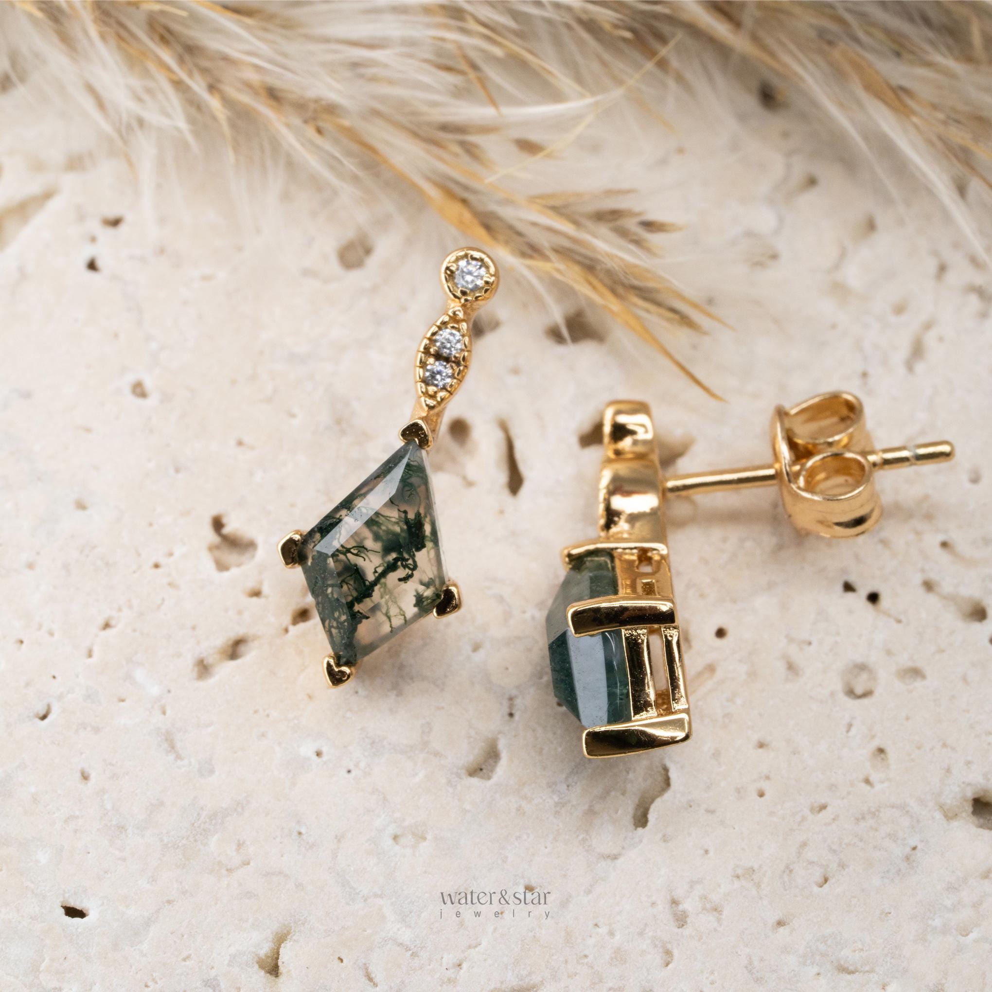 Moss Agate Hoop Earrings with CZ Stone Studs