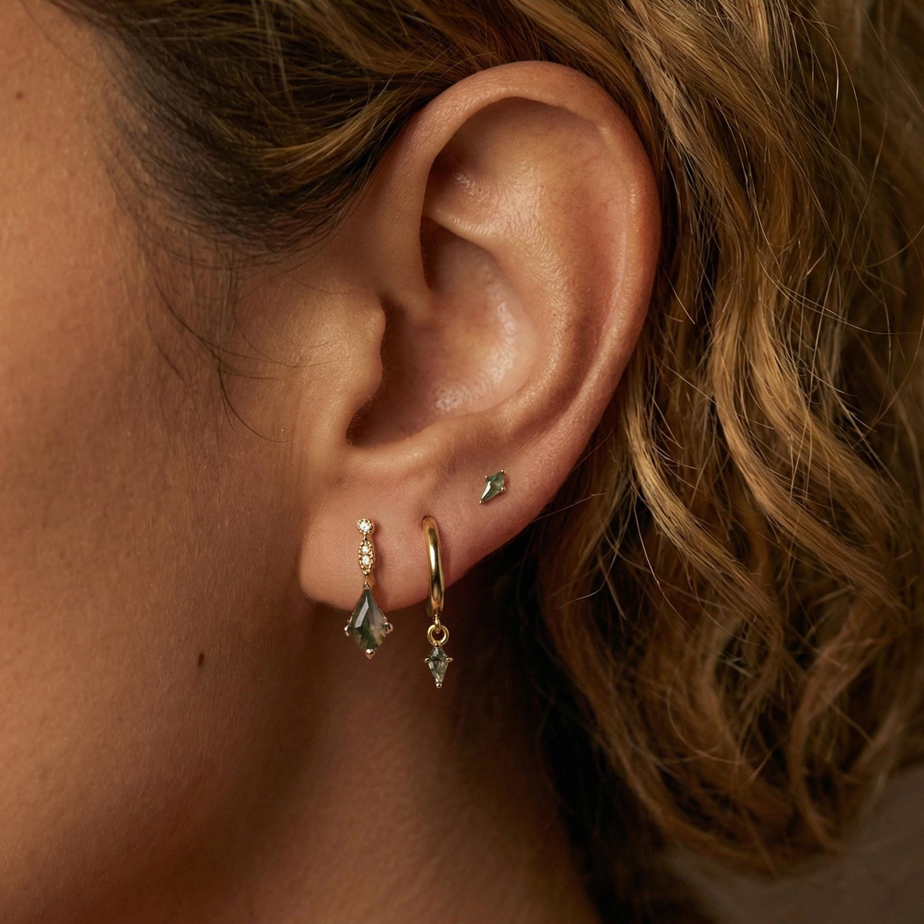 Moss Agate Earring Set, Gold Hoop, Kite Stud Earrings
