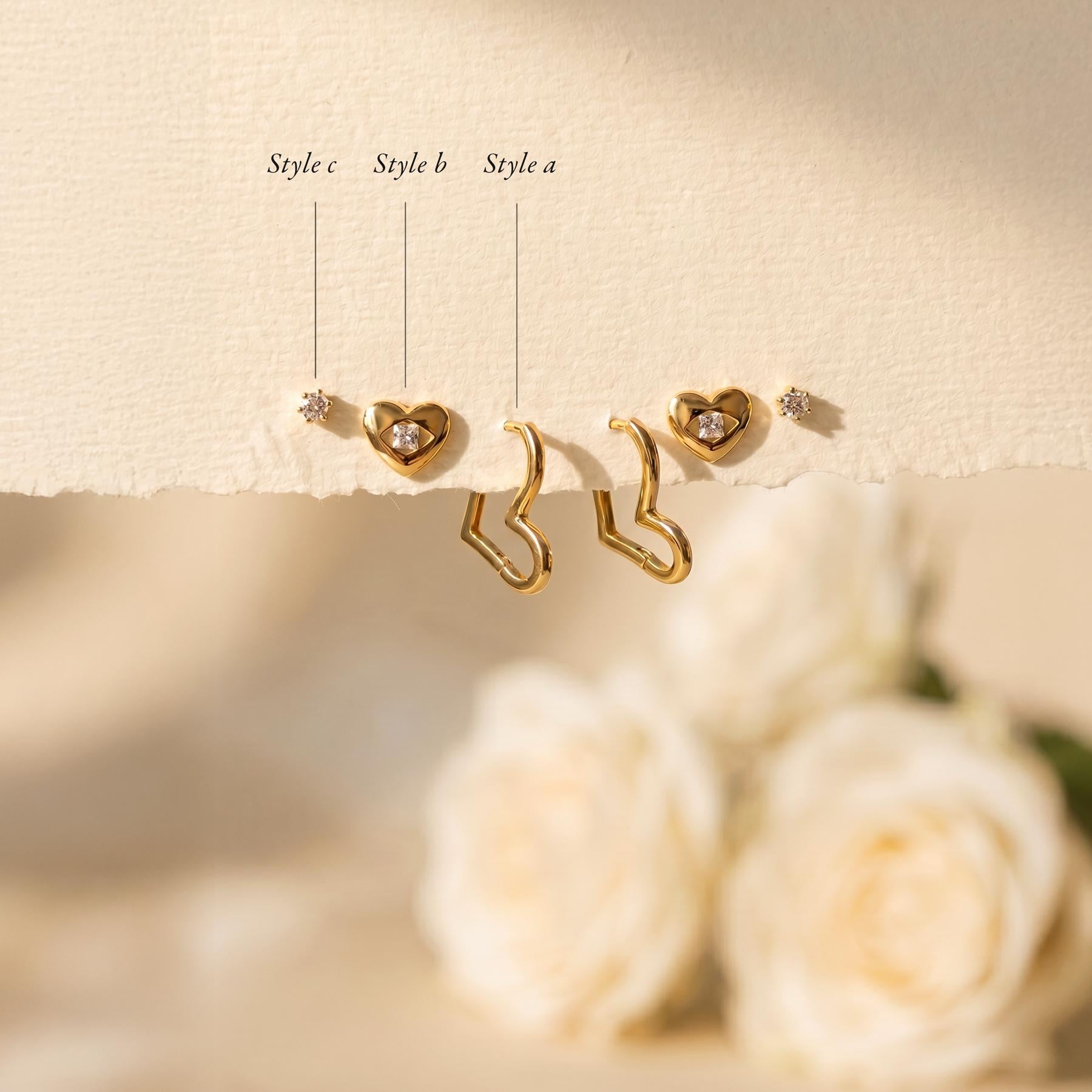 Gold Heart Earring Set, Silver Huggie Hoop & Diamond Heart Studs