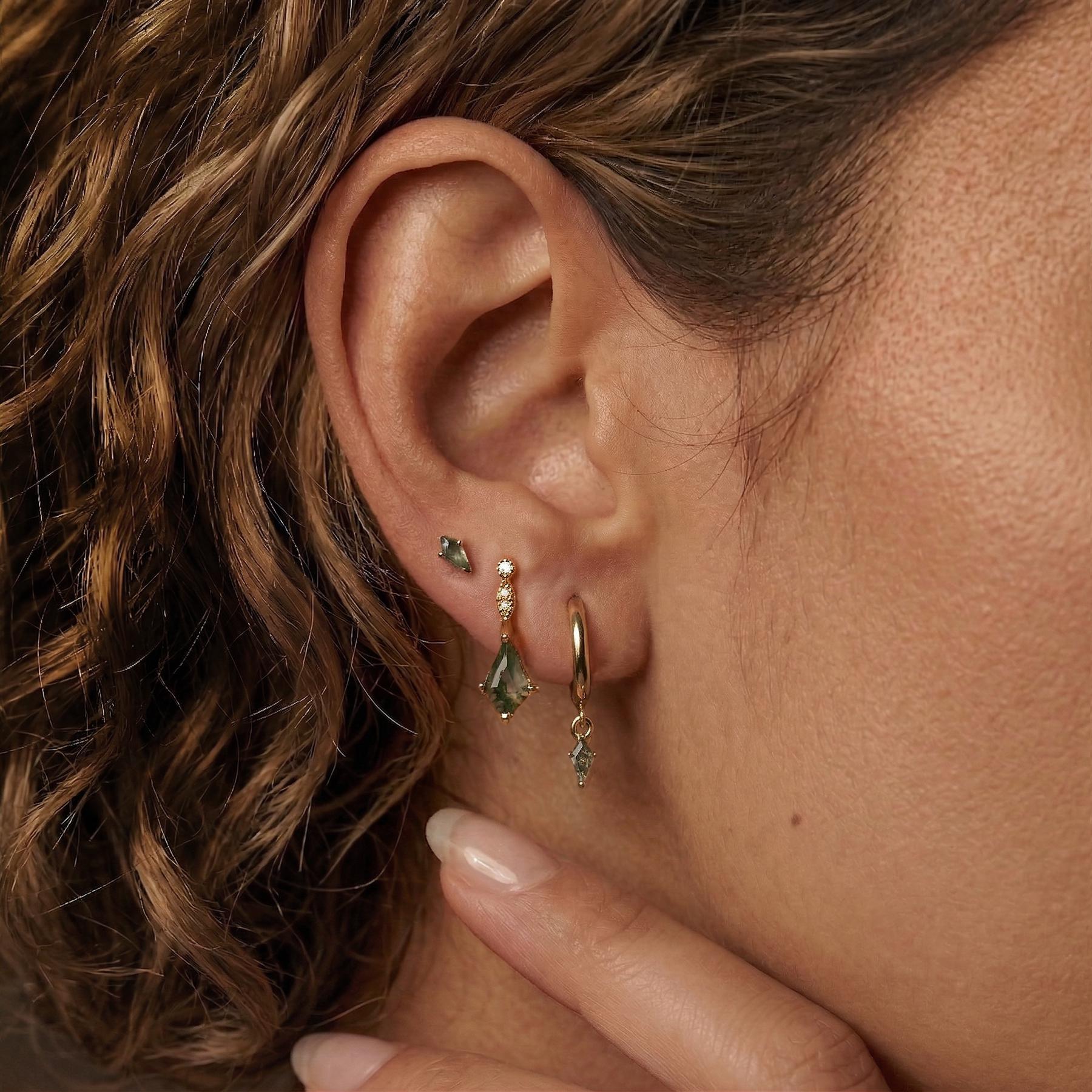 Moss Agate Earring Set, Gold Hoop, Kite Stud Earrings