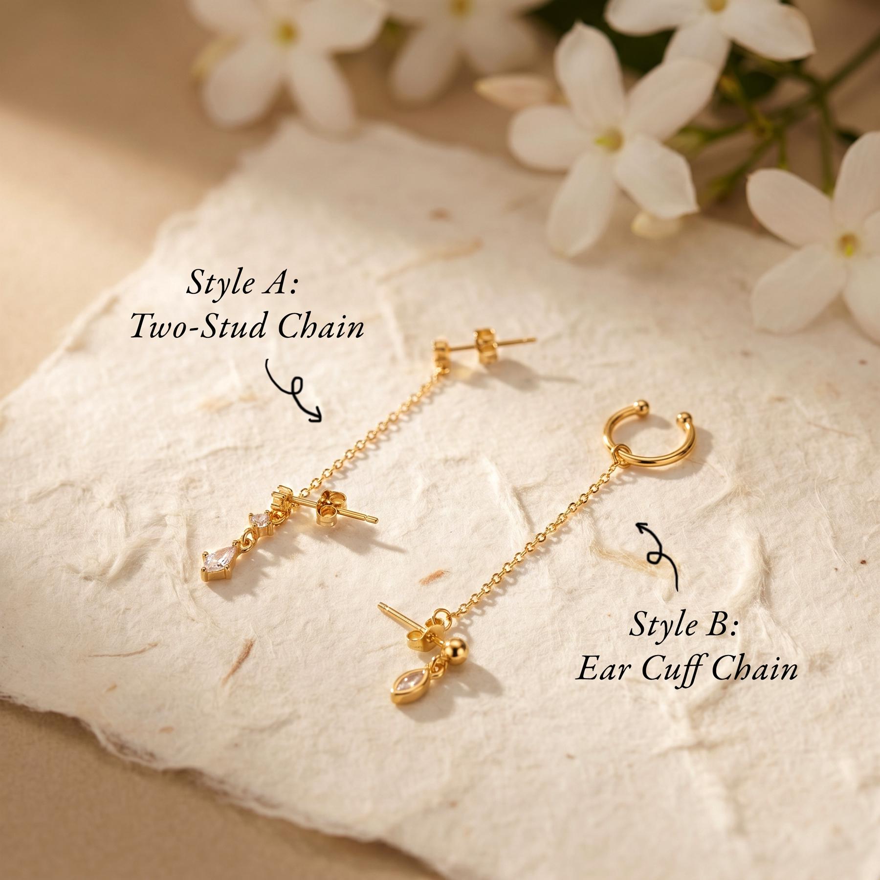 Gold Ear Stack Set, Sterling Silver Ear Cuff Chain Earrings, Kite Stud Double Chain, Layered Marquise Charm