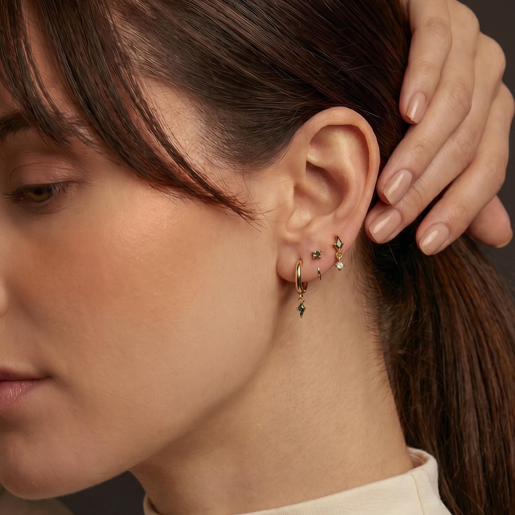 Moss Agate Earring Set, Gold Huggie Hoops, Flat Back Stud & CZ Diamond