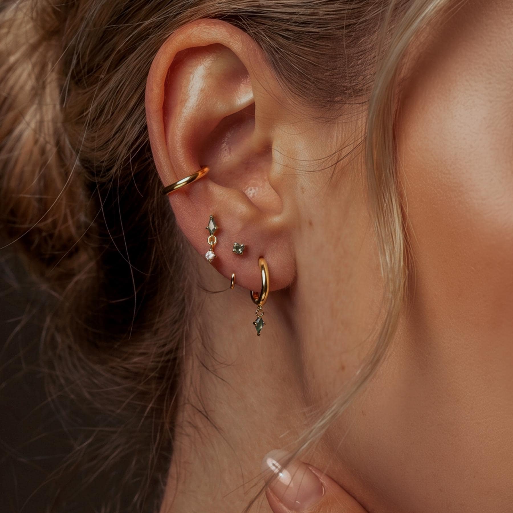 Moss Agate Earring Set, Gold Huggie Hoops, Flat Back Stud & CZ Diamond