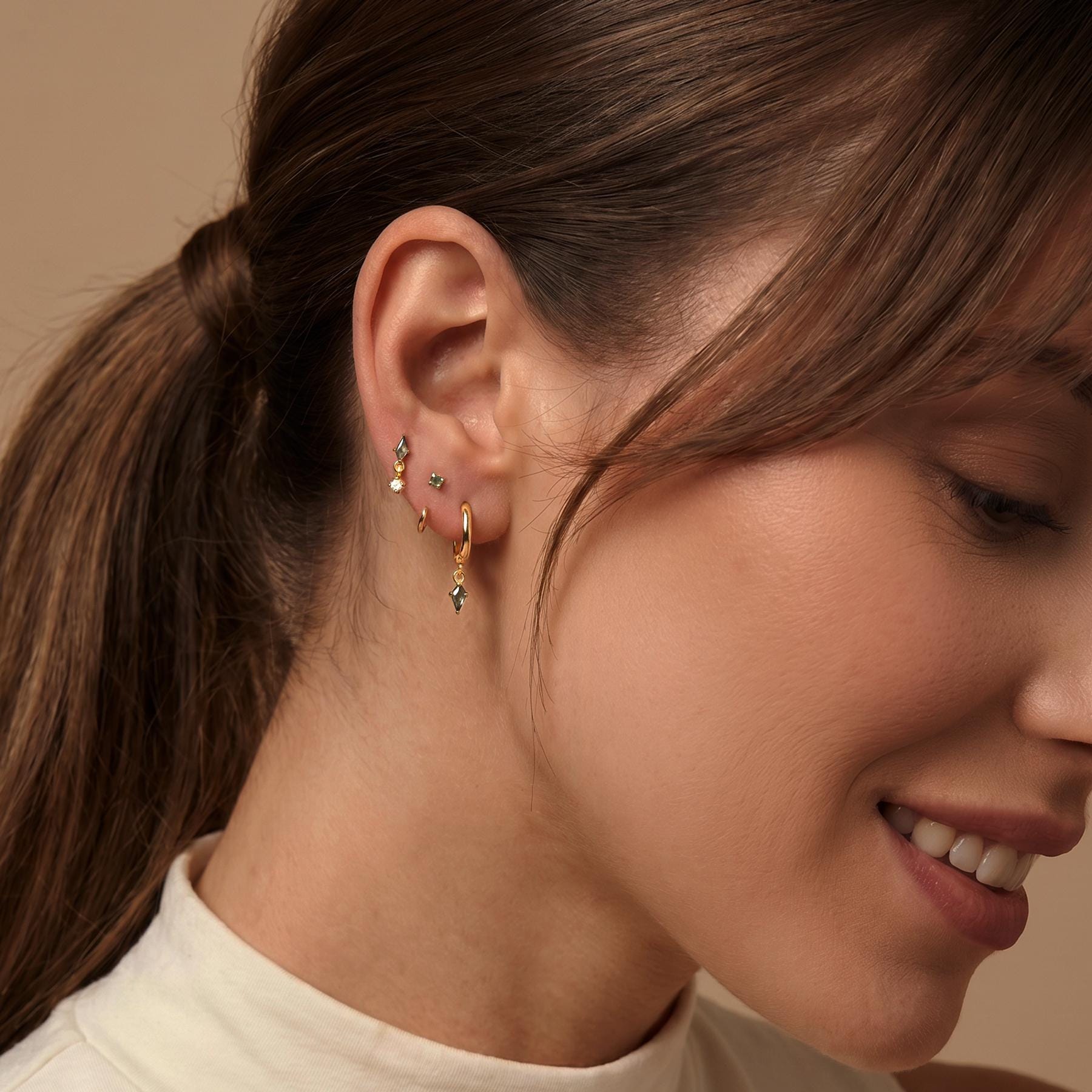 Moss Agate Earring Set, Gold Huggie Hoops, Flat Back Stud & CZ Diamond