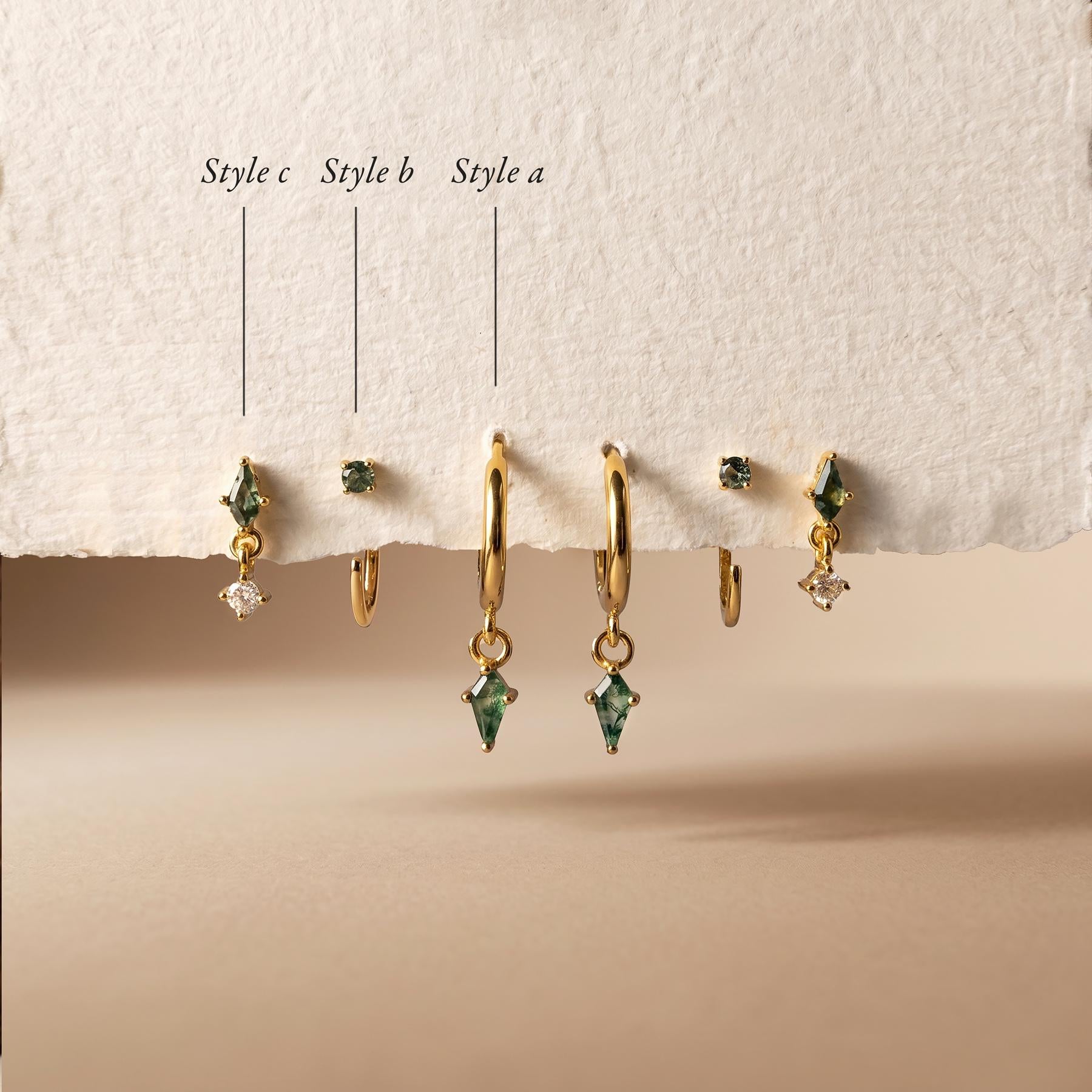 Moss Agate Earring Set, Gold Huggie Hoops, Flat Back Stud & CZ Diamond