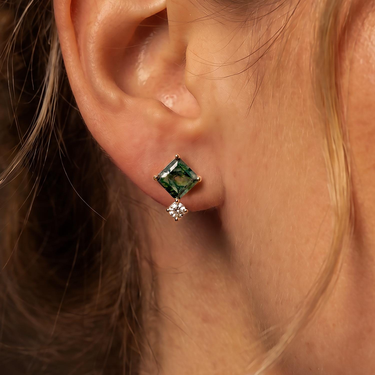 18K Gold Moss Agate Hoop Earrings: Square Huggies with CZ Diamond