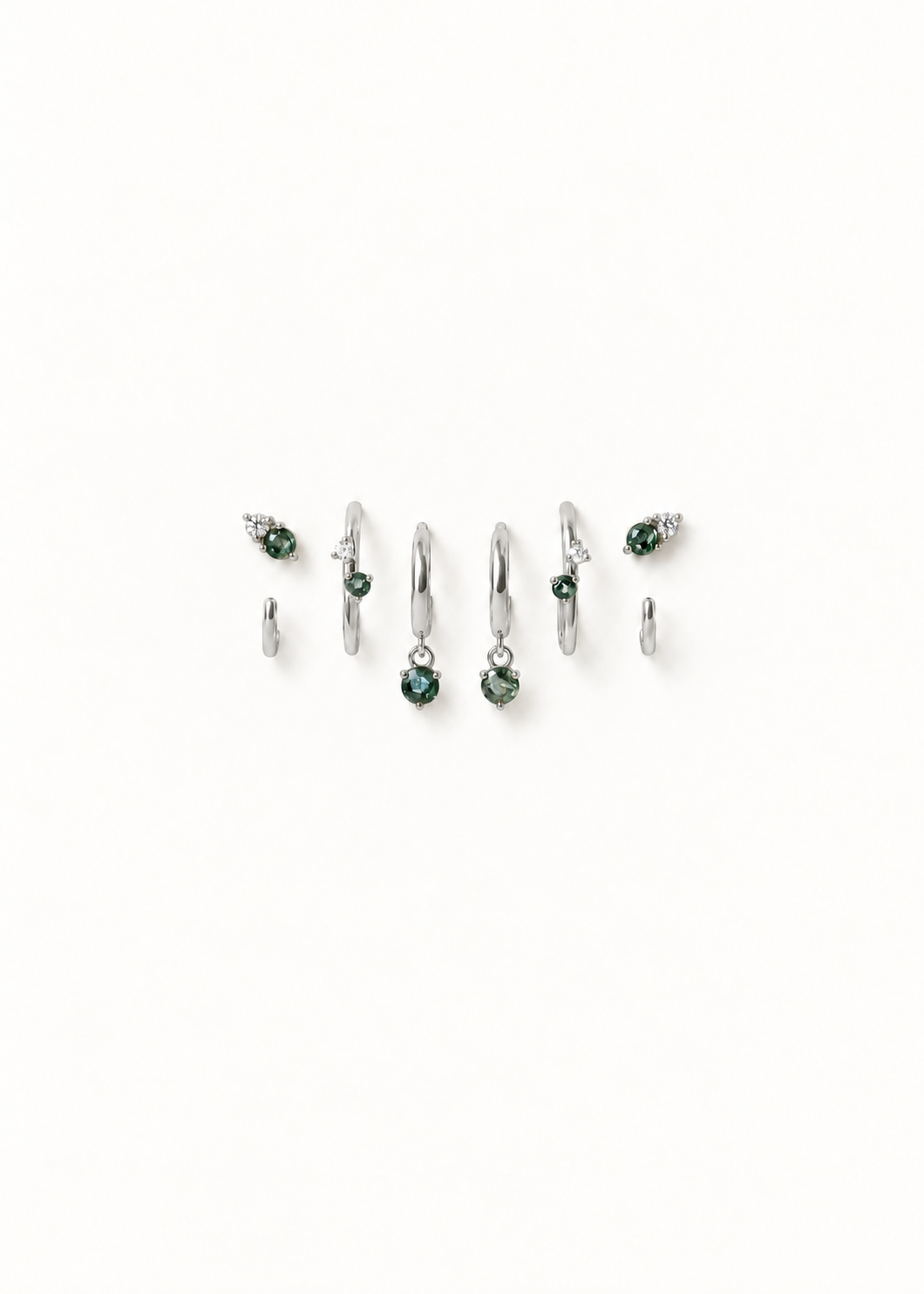 Monet-Inspired Moss Agate Huggie Set with CZ in sterling silver on a plain background