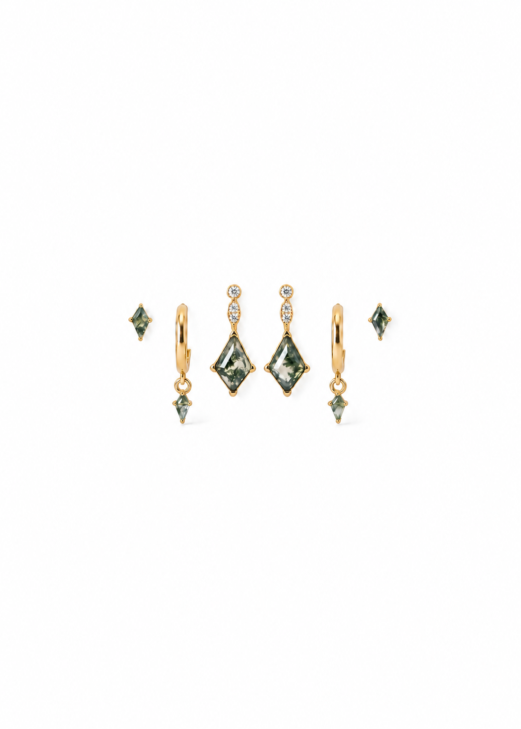 Moss Agate Ear Stack with Kite Studs & CZ — white background hero