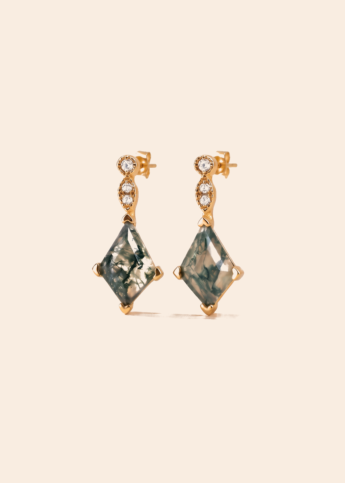 Moss Agate Hoop Earrings with CZ Stone Studs — off-white background hero
