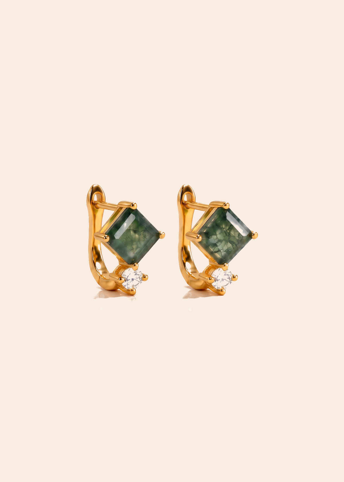 Moss Agate Square Huggies with CZ Stones — off-white background hero