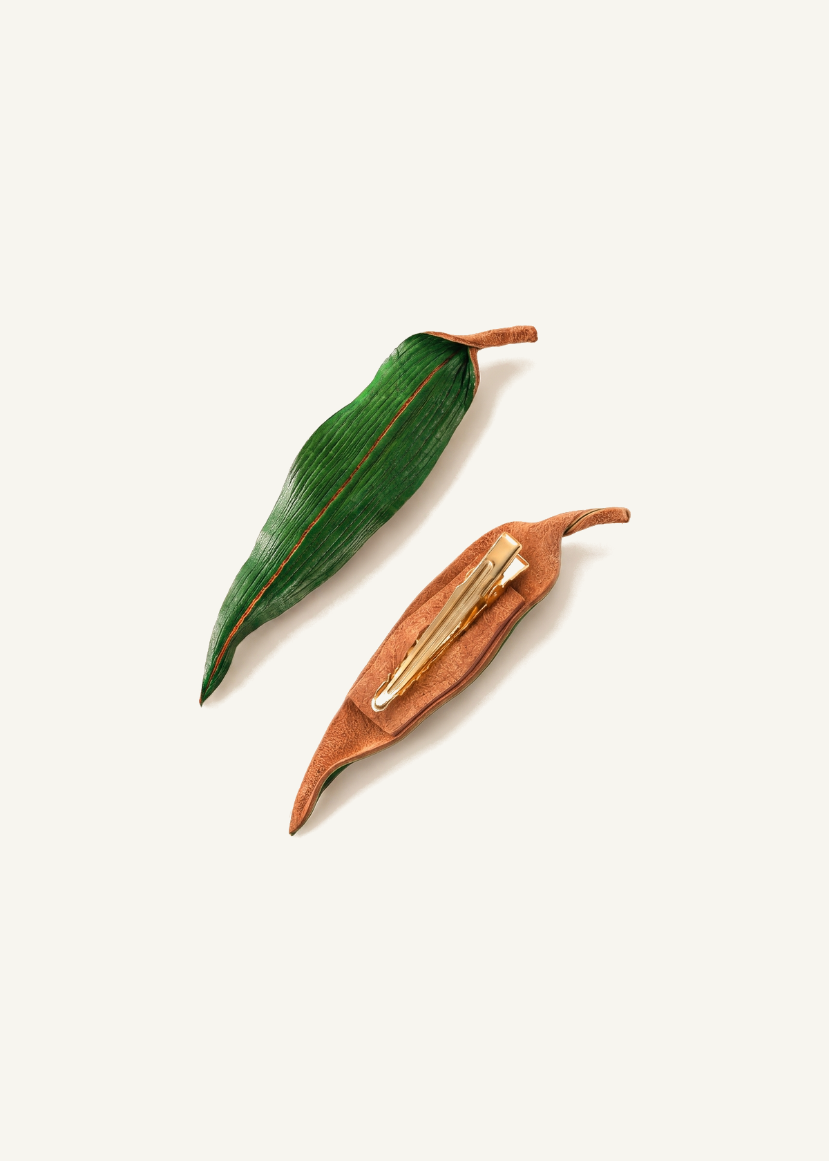 Leather Bamboo Leaf Hair Clip — off-white background hero
