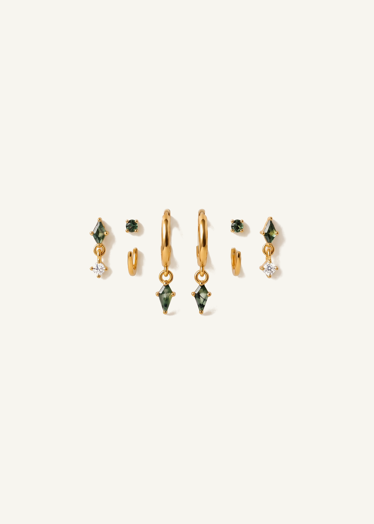 Moss Agate Ear Stack with Flat-Back Stud & CZ — off-white background hero