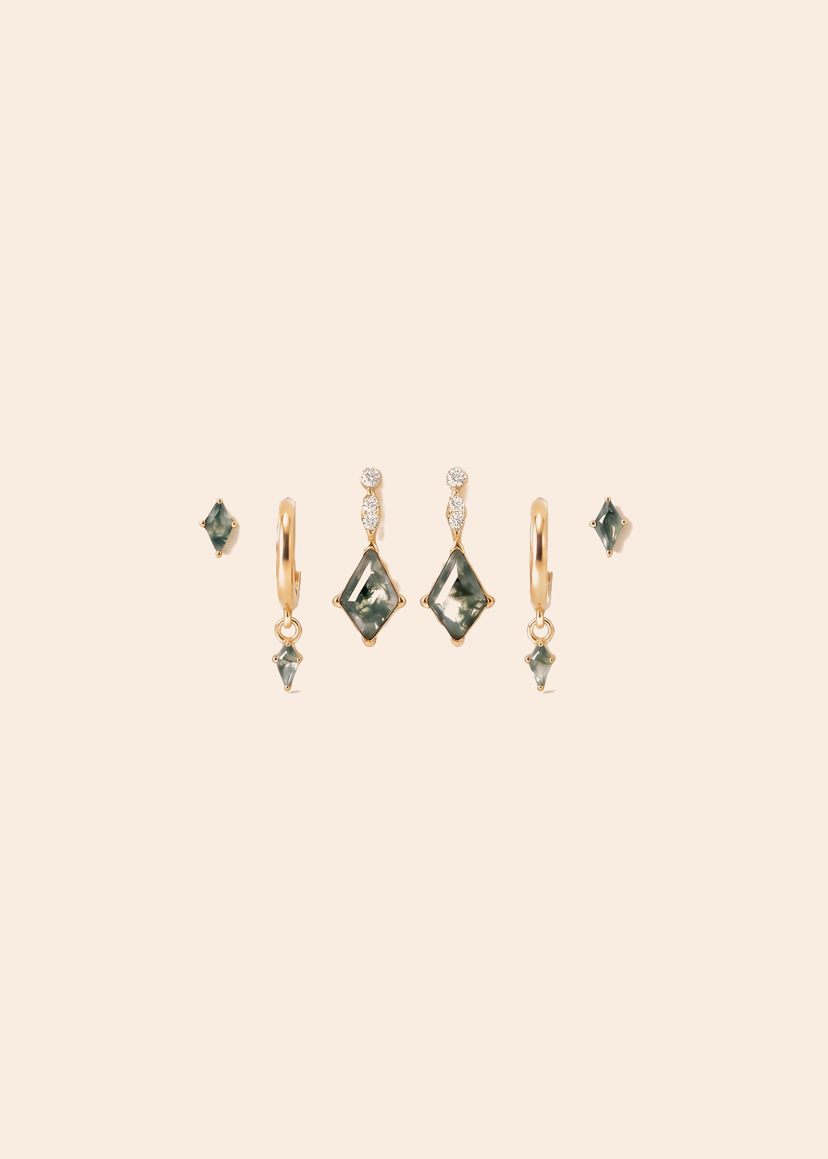 Moss Agate Ear Stack with Kite Studs & CZ — off-white background hero