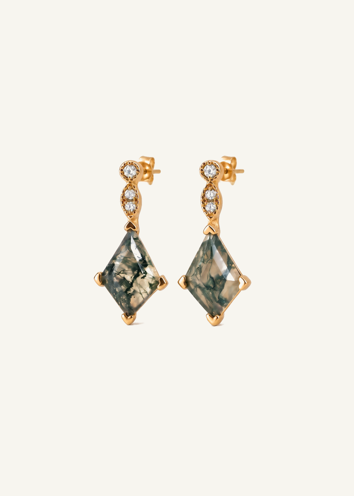 Moss Agate Hoop Earrings with CZ Stone Studs — off-white background hero