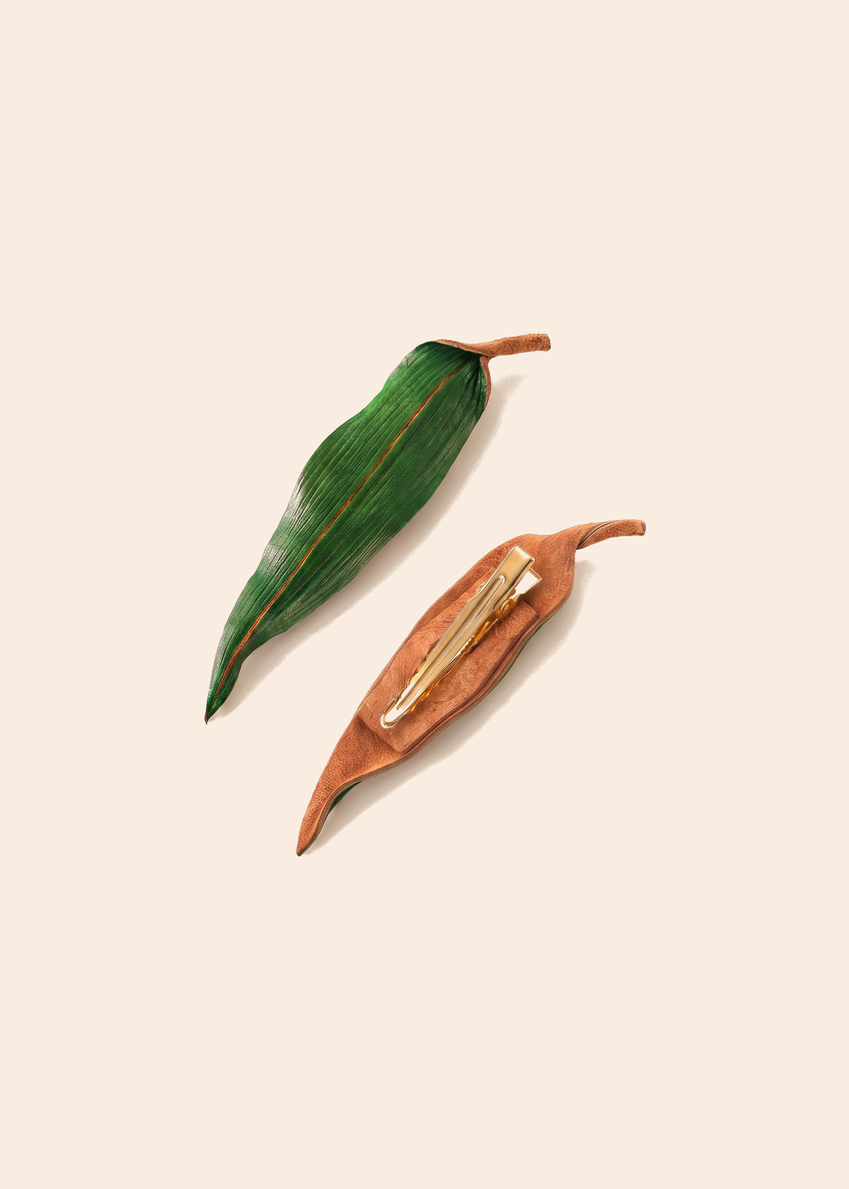 Leather Bamboo Leaf Hair Clip — off-white background hero