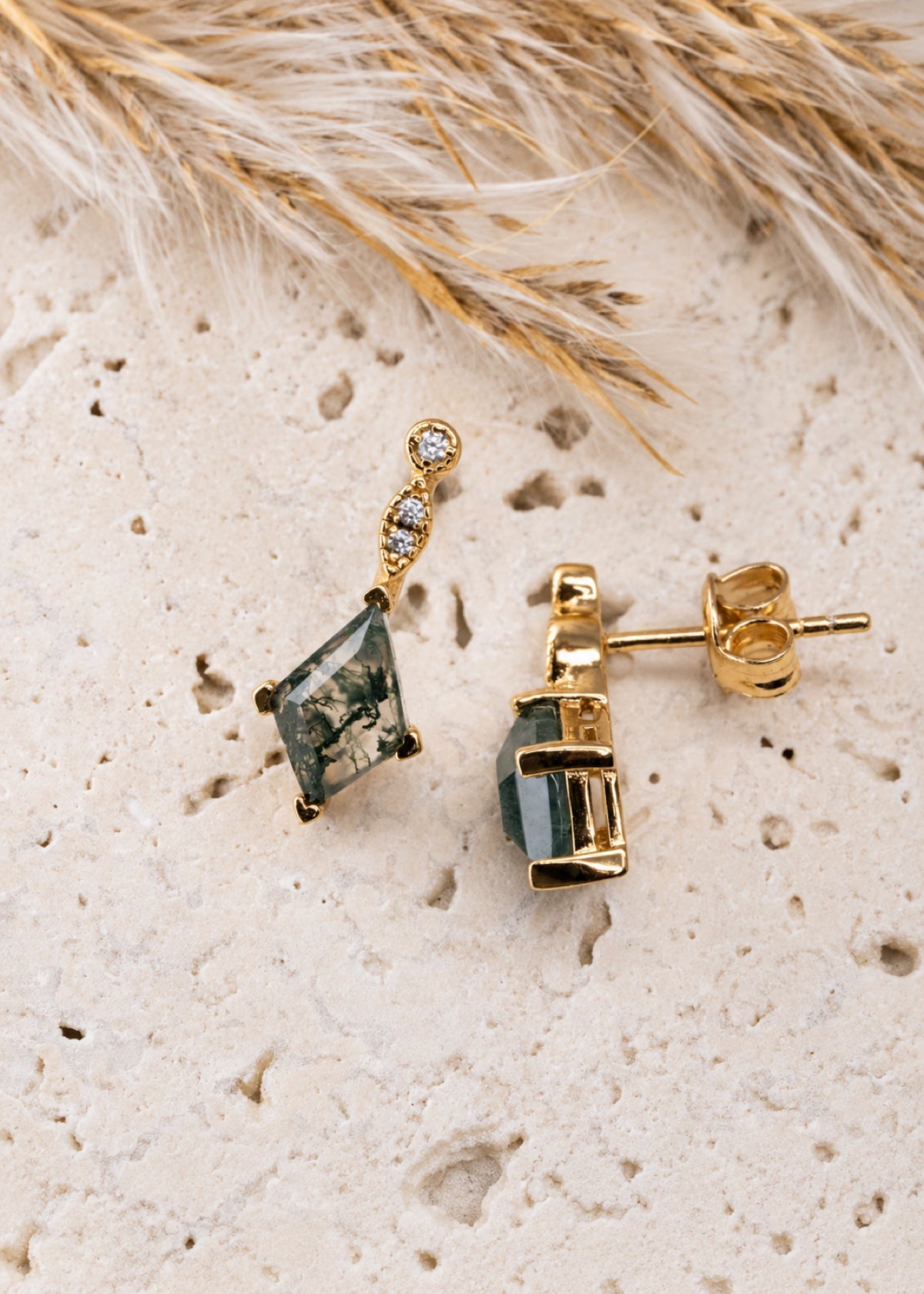 Moss agate earrings showing front stone details and back posts
