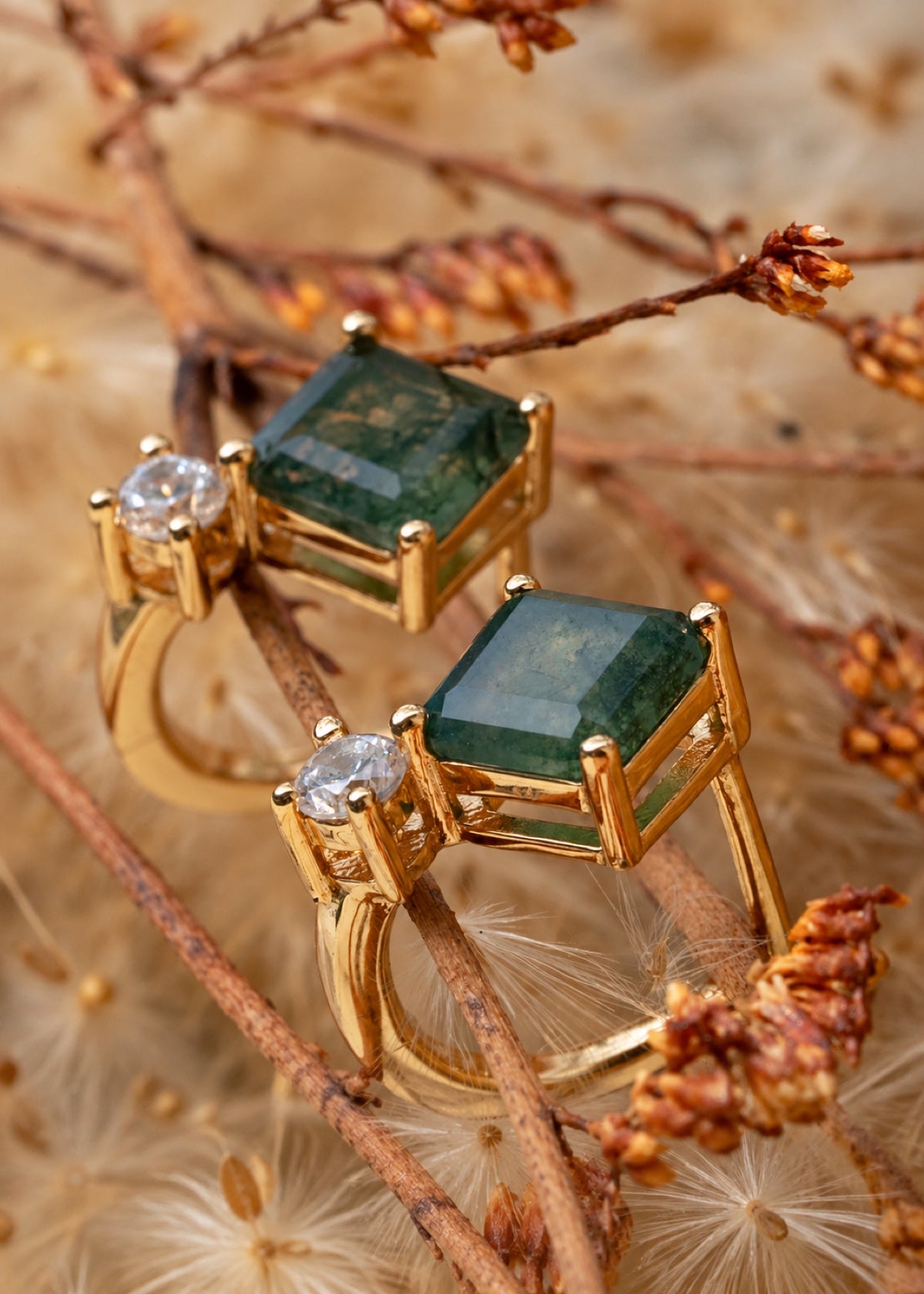Square moss agate huggies on dried stems showing the stone settings