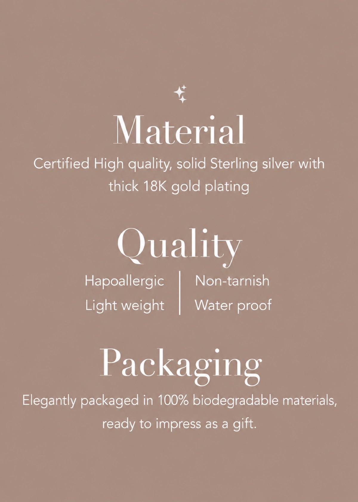 Twisted Chain product information card about materials, care and packaging