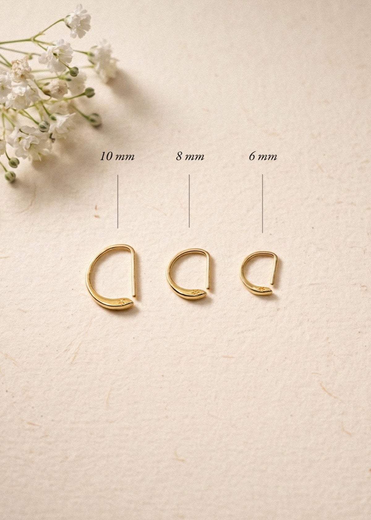 D Shape gold sleeper earrings comparing 10 mm, 8 mm and 6 mm sizes