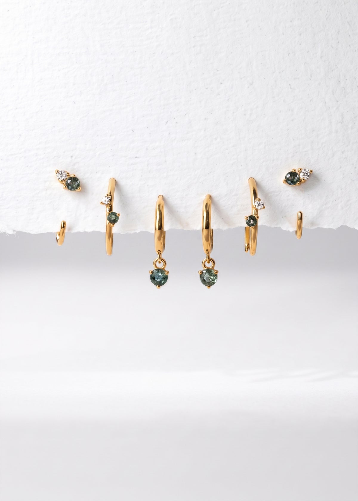 Natural Moss Agate Earring Set, Gold Huggie Hoops, Open Huggie with CZ Diamond