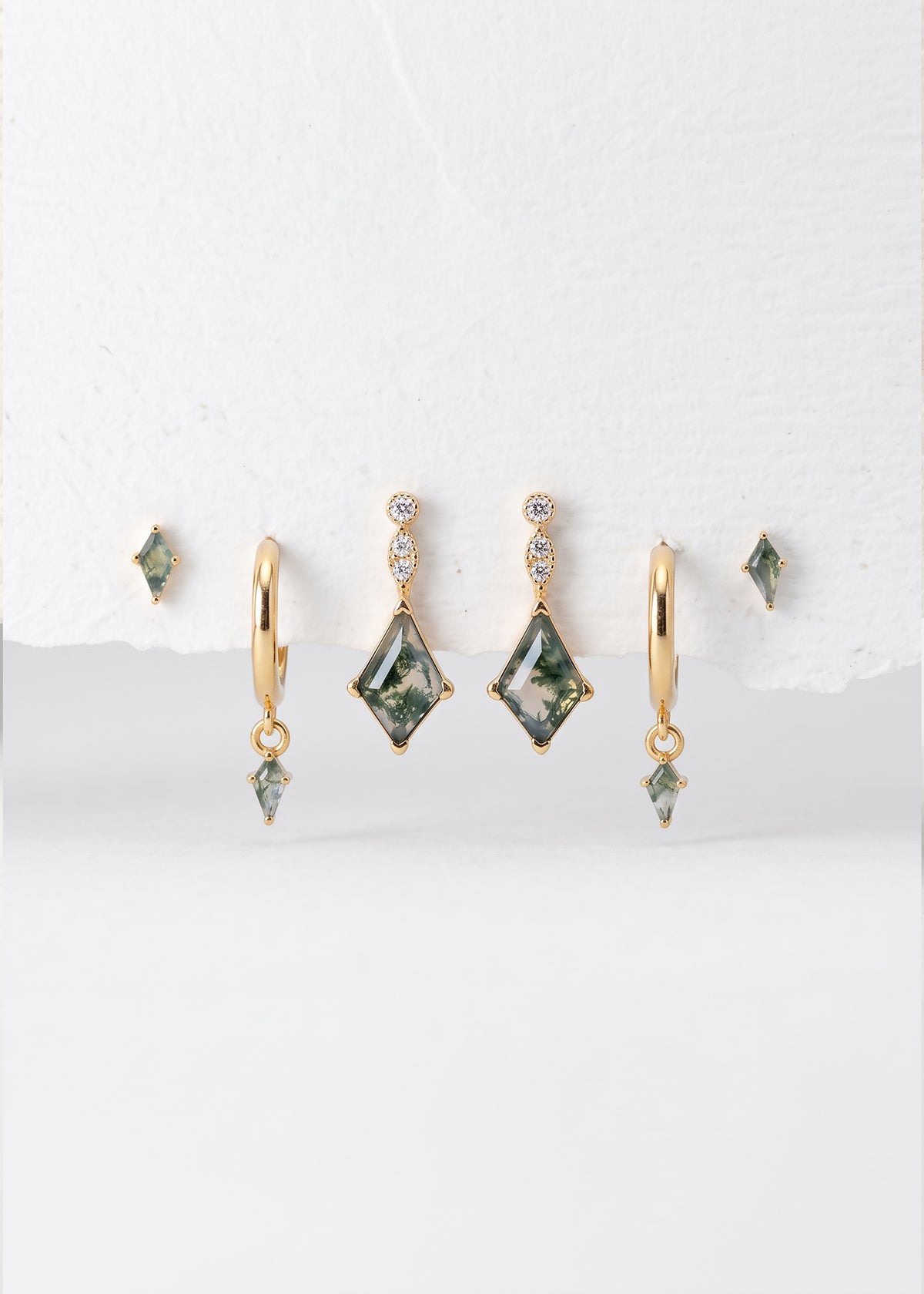 Moss Agate Earring Set, Gold Hoop, Kite Stud Earrings
