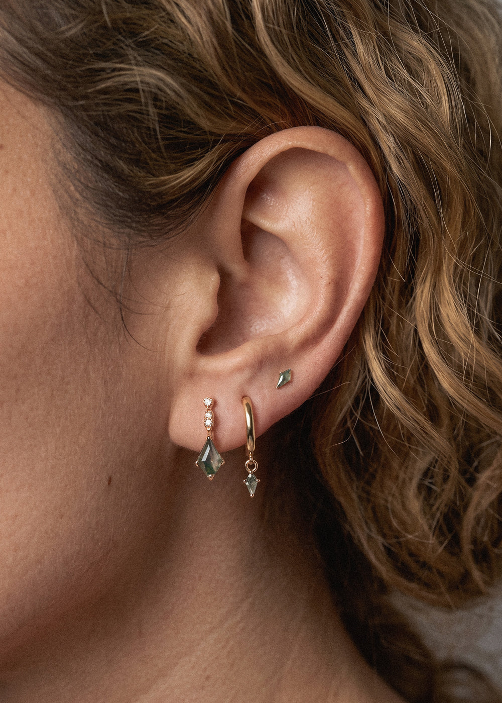 Moss Agate Earring Set, Gold Hoop, Kite Stud Earrings