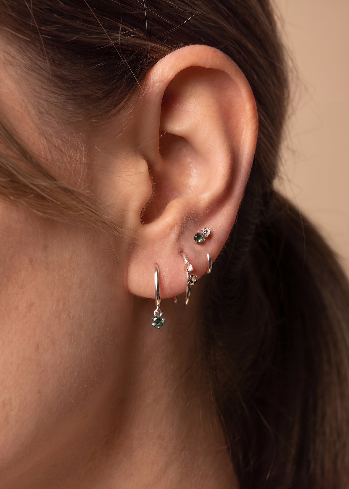 Natural Moss Agate Earring Set, Gold Huggie Hoops, Open Huggie with CZ Diamond