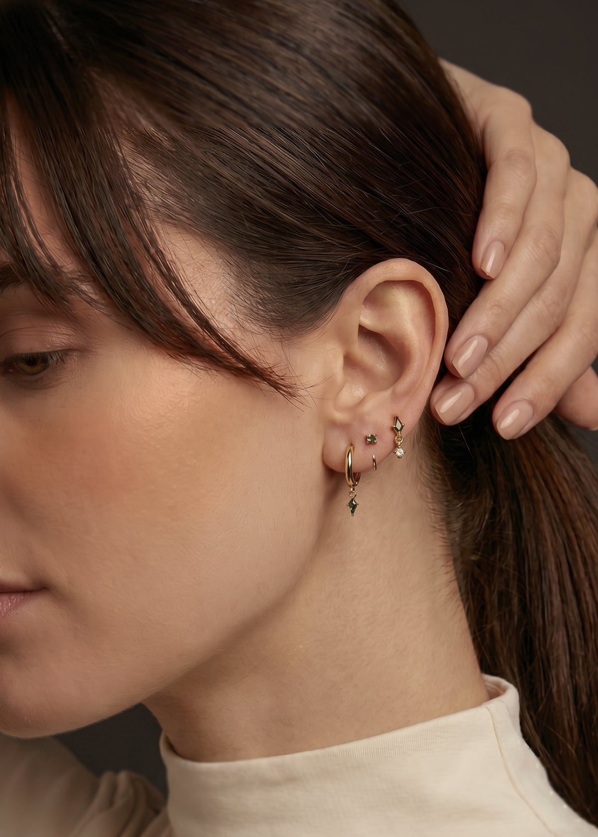 Moss Agate Earring Set, Gold Huggie Hoops, Flat Back Stud & CZ Diamond