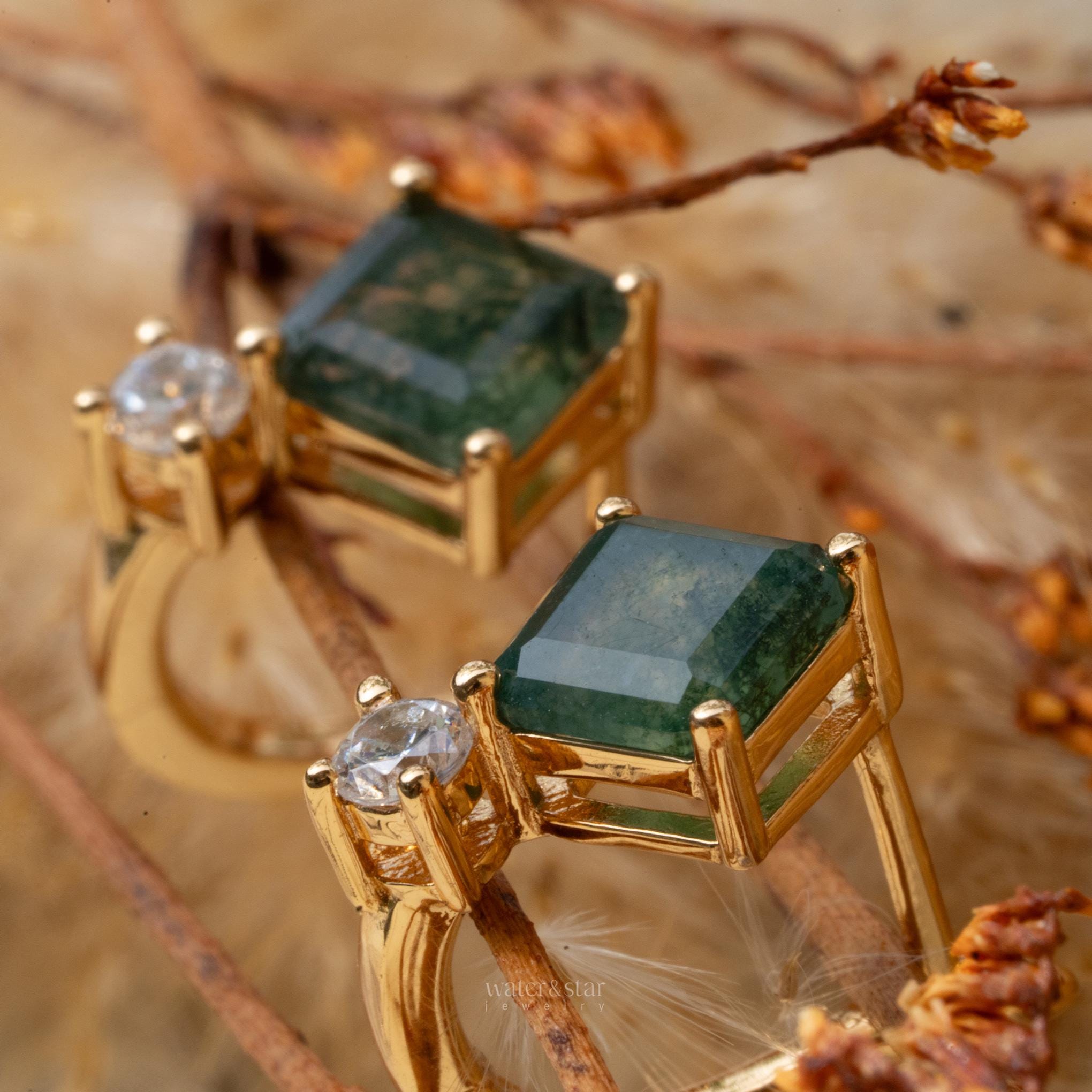 18K Gold Moss Agate Hoop Earrings: Square Huggies with CZ Diamond