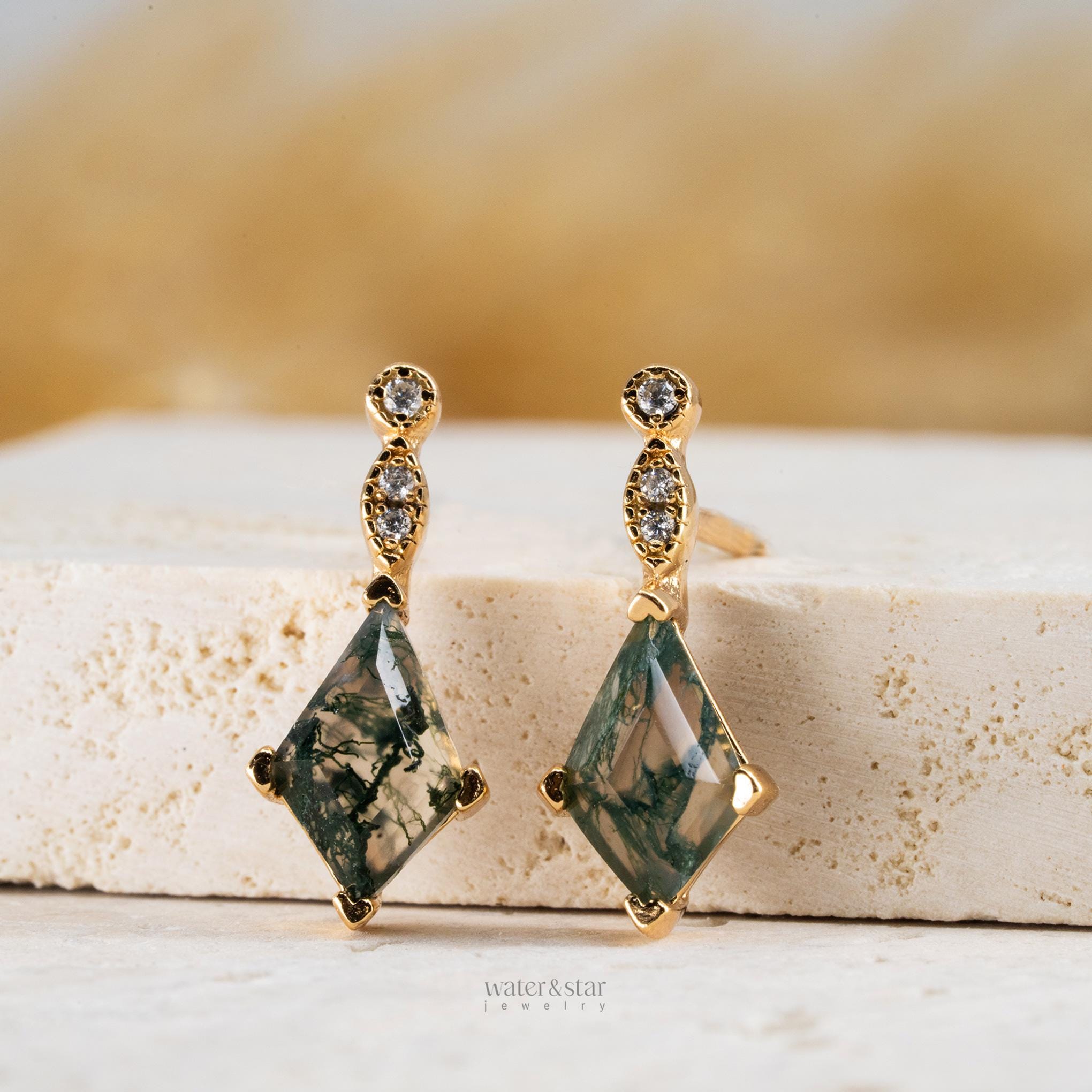 Moss Agate Hoop Earrings with CZ Stone Studs