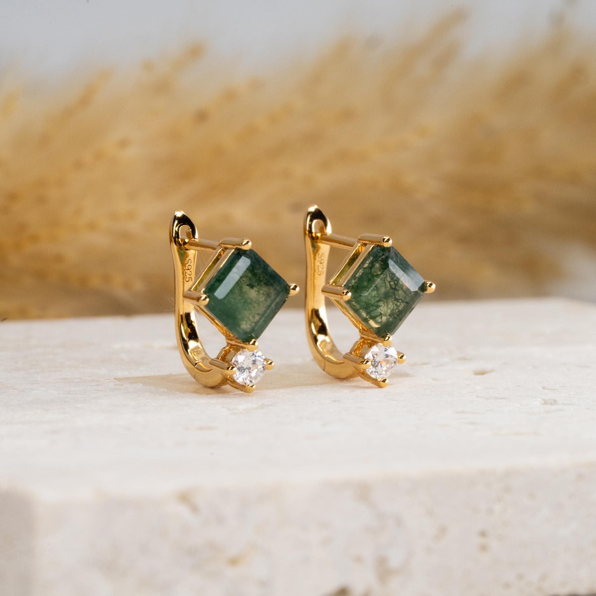 18K Gold Moss Agate Hoop Earrings: Square Huggies with CZ Diamond
