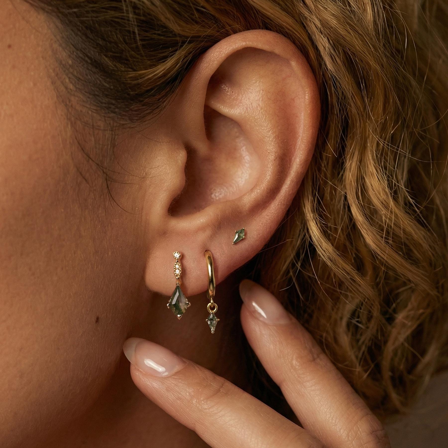 Moss Agate Earring Set, Gold Hoop, Kite Stud Earrings