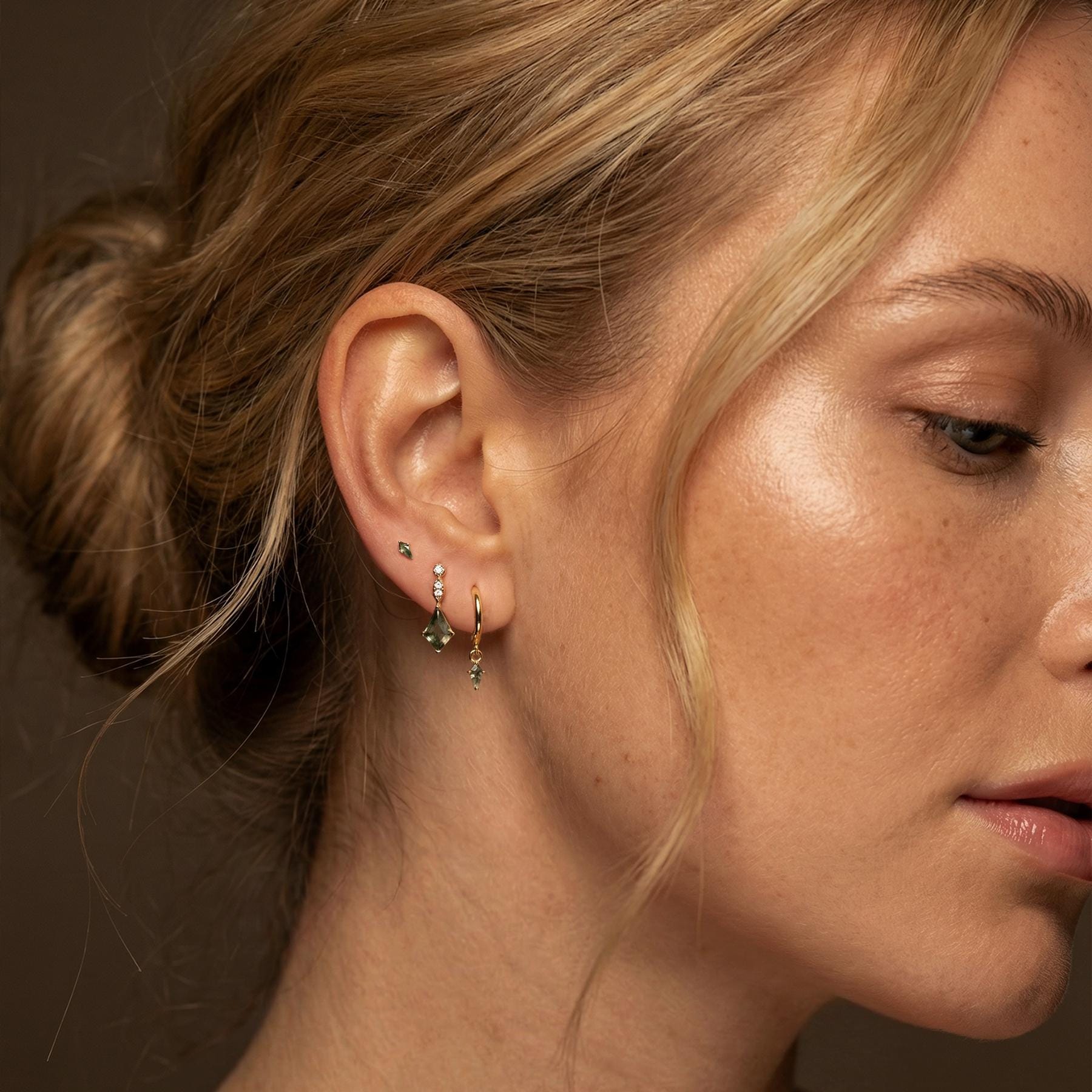 Moss Agate Earring Set, Gold Hoop, Kite Stud Earrings