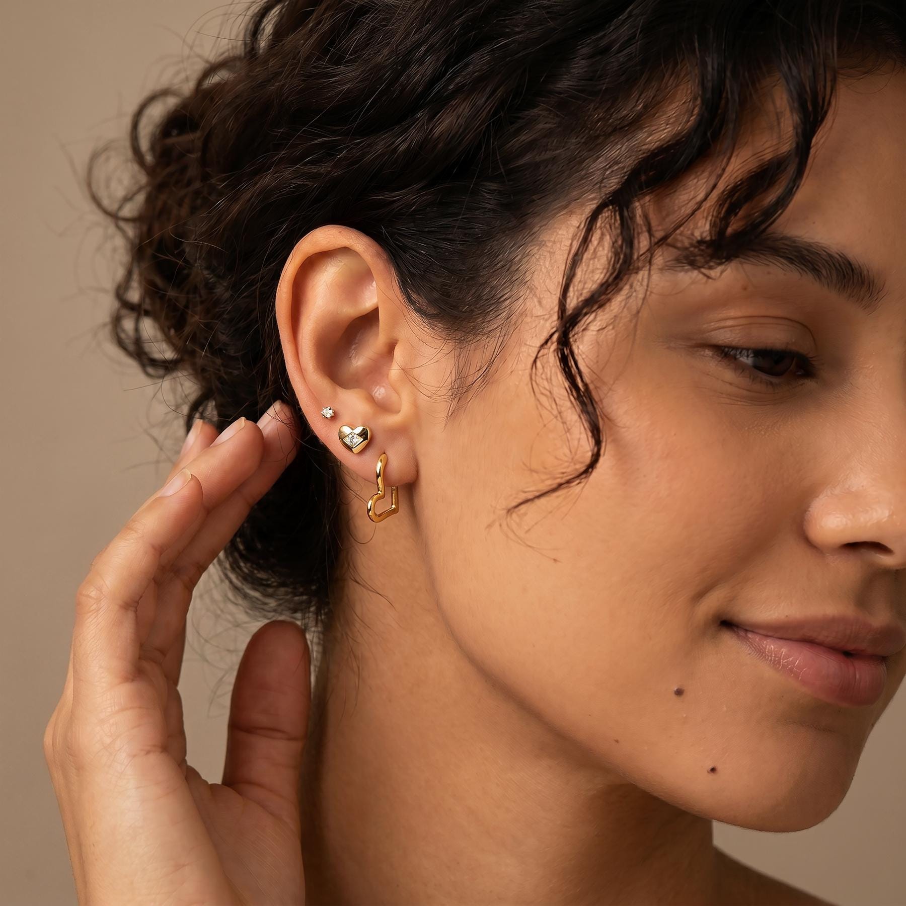 Gold Heart Earring Set, Silver Huggie Hoop & Diamond Heart Studs