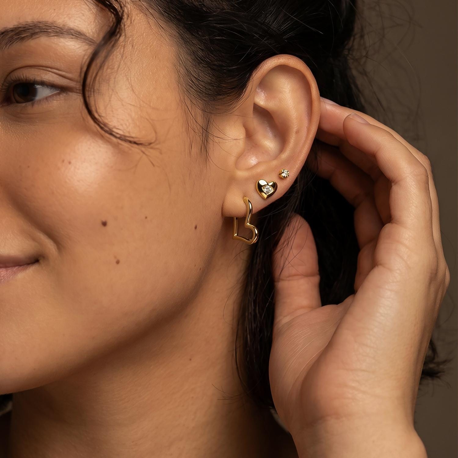 Gold Heart Earring Set, Silver Huggie Hoop & Diamond Heart Studs