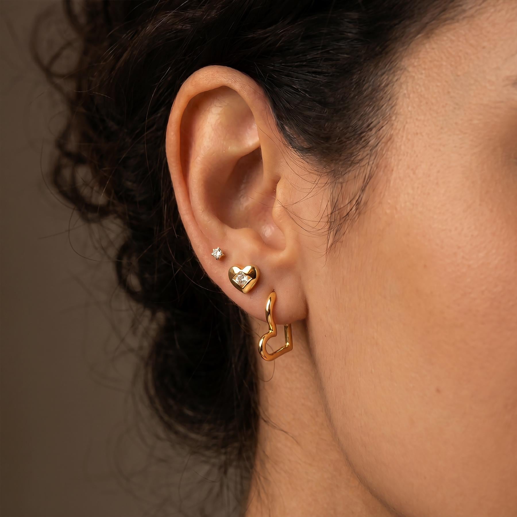 Gold Heart Earring Set, Silver Huggie Hoop & Diamond Heart Studs