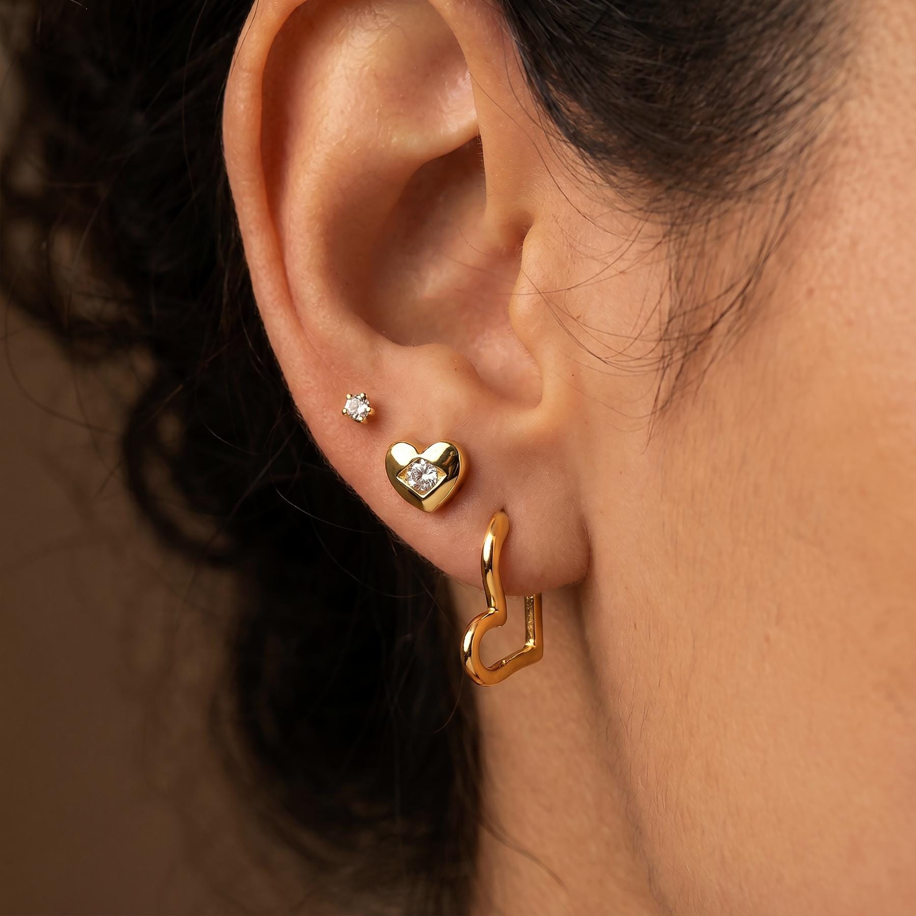 Gold Heart Earring Set, Silver Huggie Hoop & Diamond Heart Studs