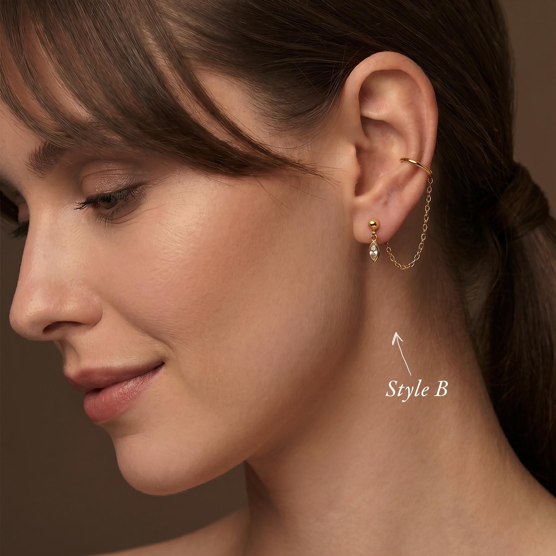 Gold Ear Stack Set, Sterling Silver Ear Cuff Chain Earrings, Kite Stud Double Chain, Layered Marquise Charm