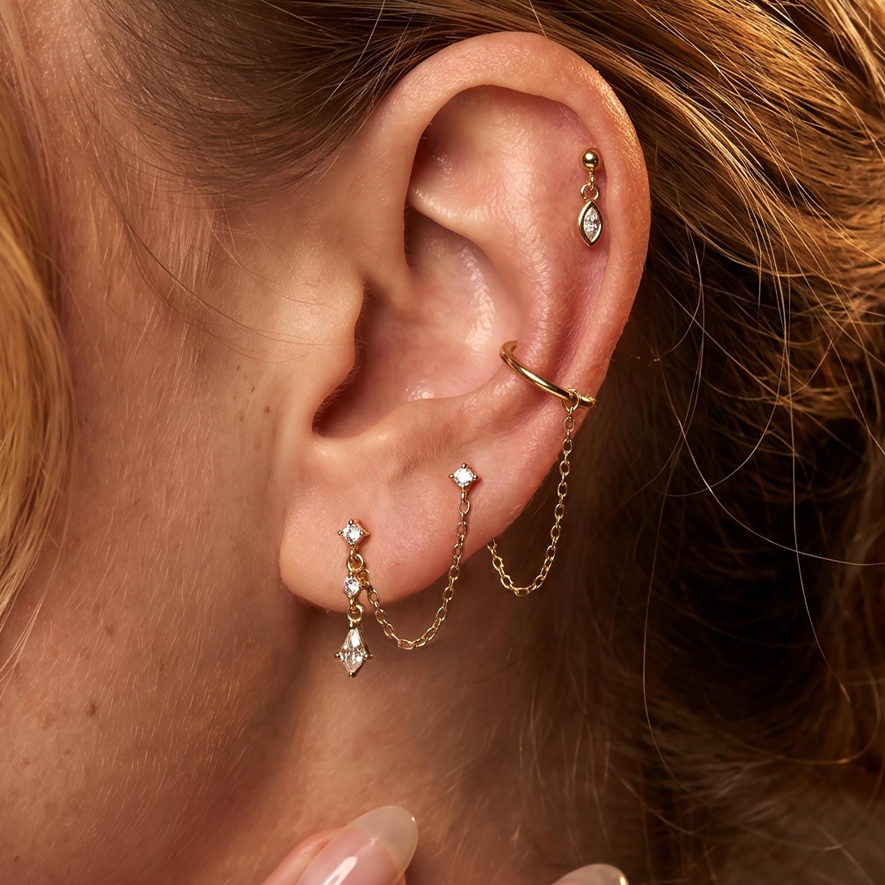 Gold Ear Stack Set, Sterling Silver Ear Cuff Chain Earrings, Kite Stud Double Chain, Layered Marquise Charm